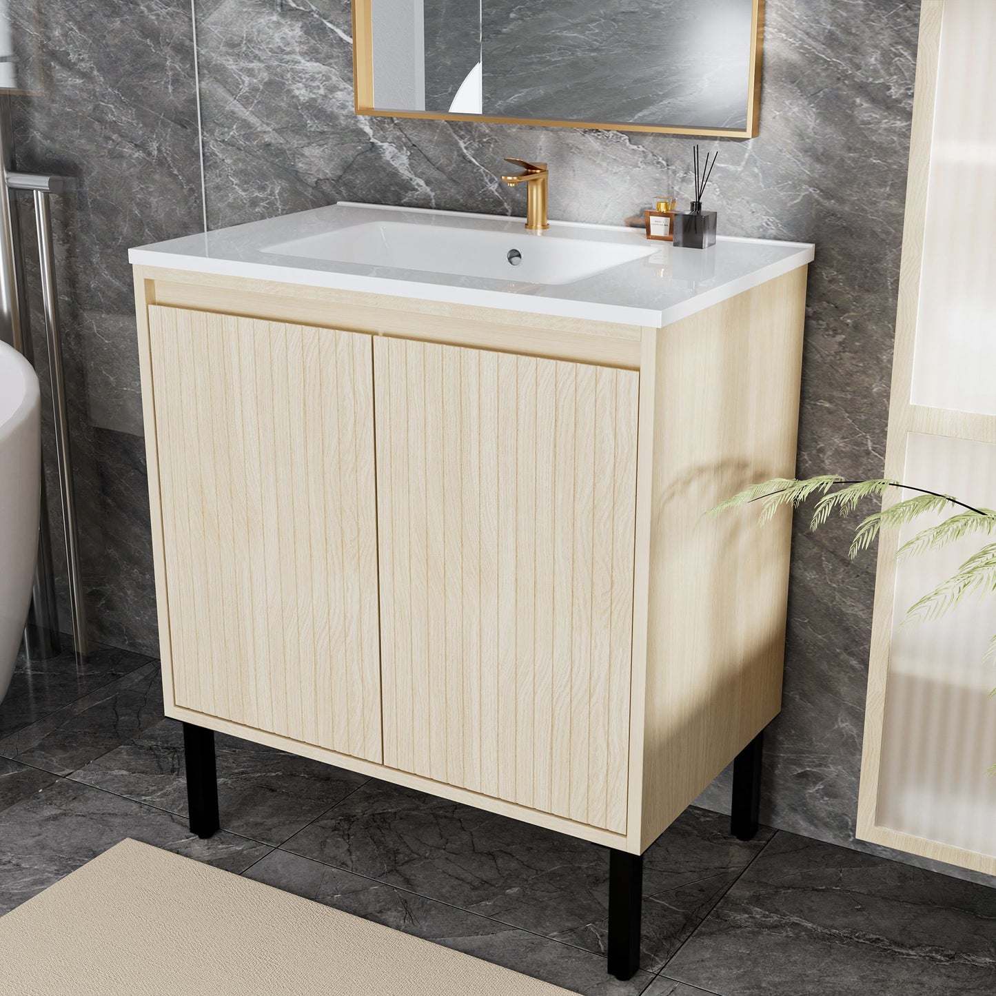 Bathroom Vanity With Ceramic Sink, Floor-Standing Design, Soft-Closing Drawers