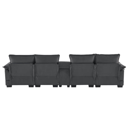 Modern U-Shaped Sofa With Console, Cupholders And USB Ports, 6 Seat Upholstered Symmetrical Indoor Furniture, Sleeper Couch Set With Chaise For Living Room