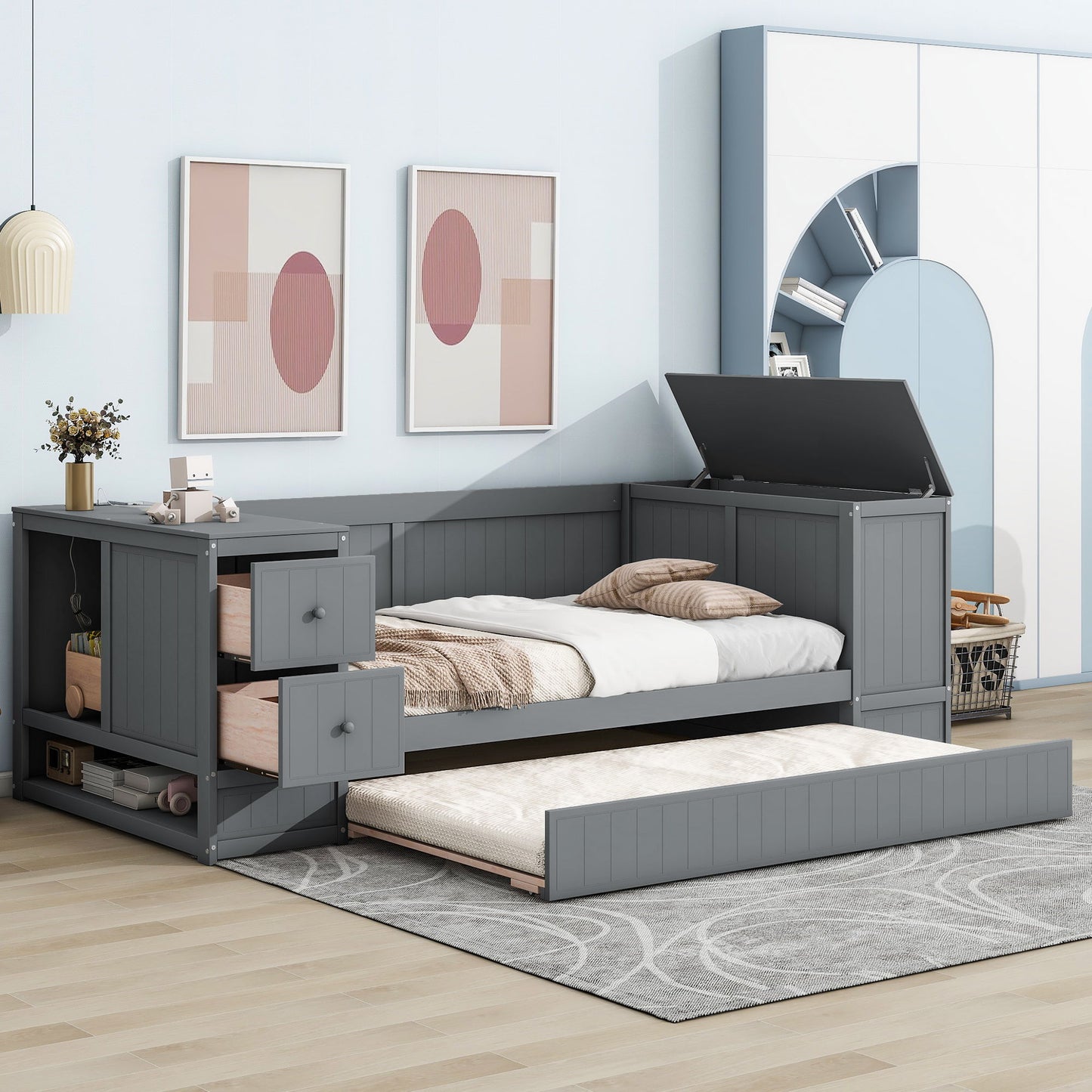 Daybed With Storage Arms, Trundle And Charging Station
