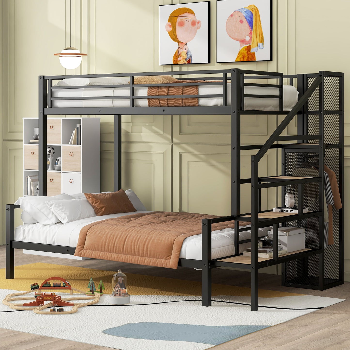 Metal Bunk Bed With Storage Staircase And Open Wardrobe