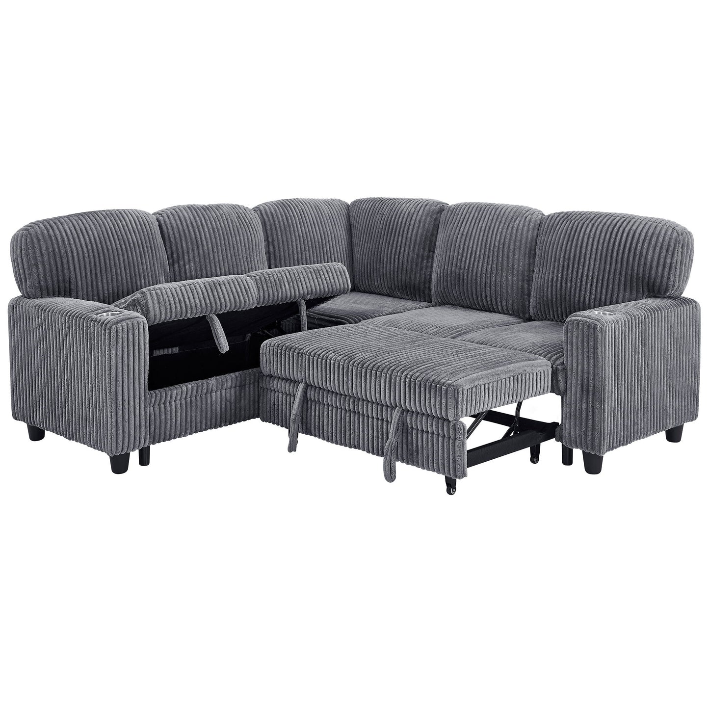 L-Shaped Sofa With Pull Out Sofa Bed With USB