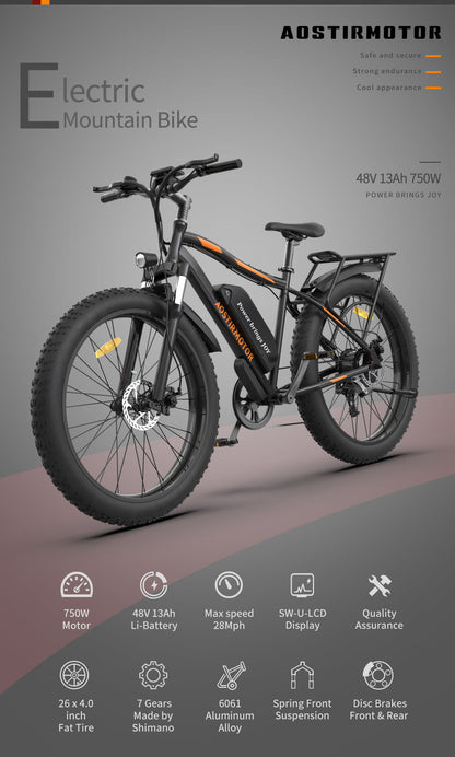 S07 - B 26" 750W Electric Bike Fat Tire P7 48V 12.5Ah Removable Lithium Battery For Adults With Detachable Rear Rack Fender - Black
