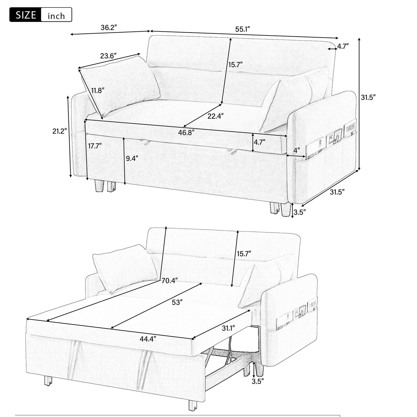 Pull Out Sleep Sofa Bed Loveseats Sofa Couch With Adjsutable Backrest, Storage Pockets, 2 Soft Pillows, USB Ports For Living Room