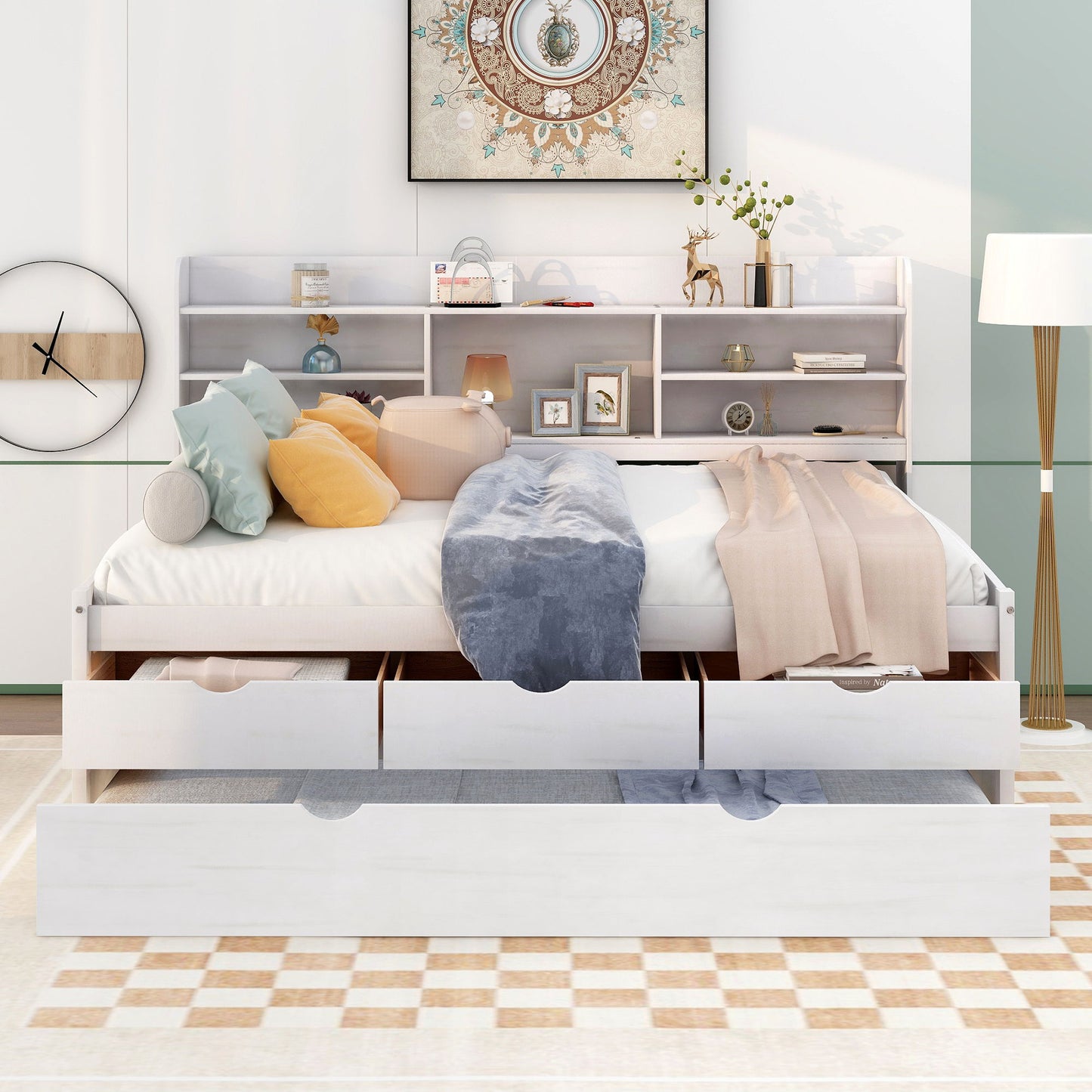 Captain Bed With Built In Bookshelves, 3 Storage Drawers, And Trundle