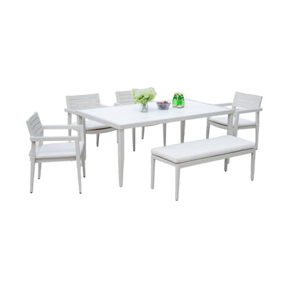 6 Piece Dining Set Modern Outdoor Patio Furniture, 4 Dining Chairs & 1 Dining Bench Sunbrella Fabric And 2 Tone Rectangle Table With Umbrella Hole - Matte White / Grayish