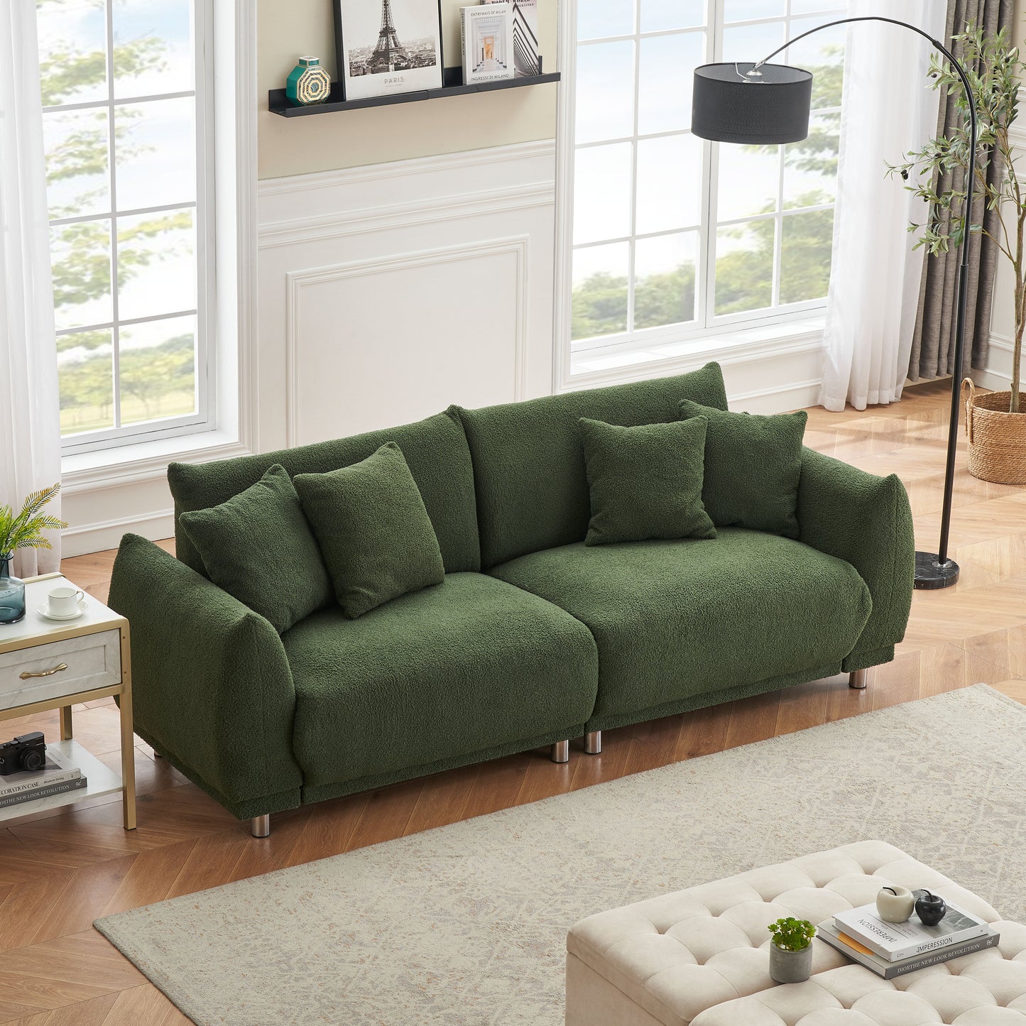 Teddy Wool Beige Sofa With Four Throw Pillows And Hardware Feet Can Sit Comfortably In An Apartment Bedroom Without Taking Up Space