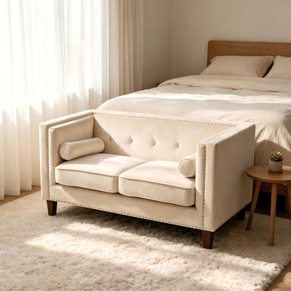 Button Tufted Square Arm Loveseat Sofa With Nailhead Trim, Upholstered 2 Seater Couch - Ivory