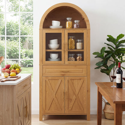Arched Kitchen Pantry Cabinet With Adjustable Shelves And Barn Door Design