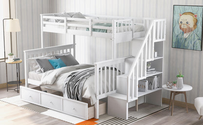 Twin Over Full Stairway Bunk Bed With Drawer, Storage And Guard Rail For Bedroom, Dorm, For Adults