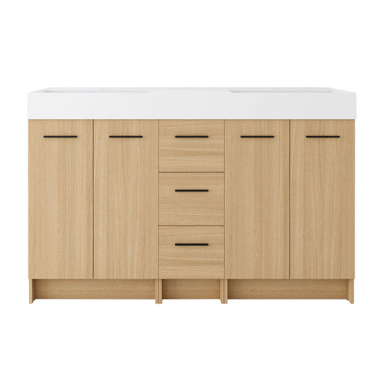 Double Sink Bathroom Vanity With 3 Drawers, Large Storage, Integrated Sink, Freestanding Cabinet, Soft Close Hardware - Glossy White / Light Oak