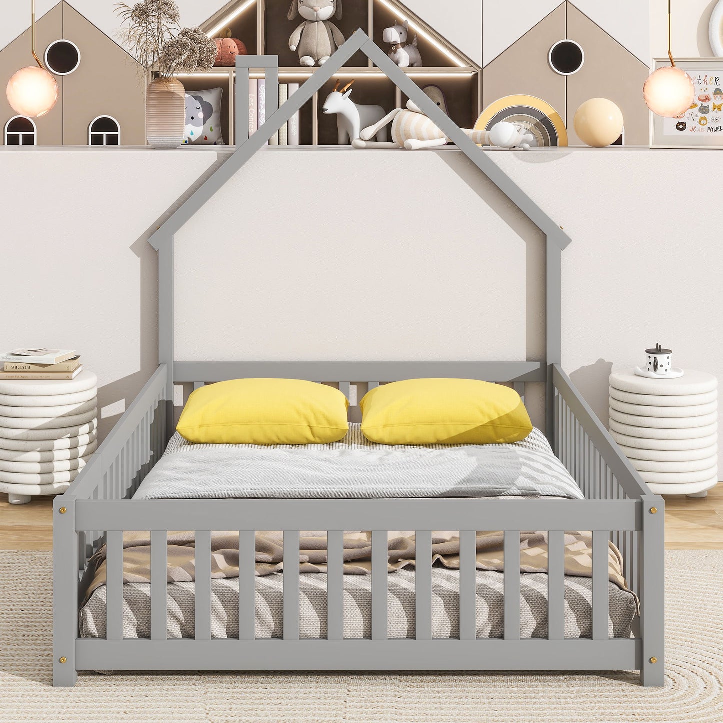 House-Shaped Headboard Floor Bed With Fence