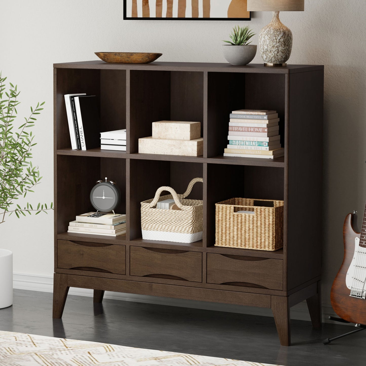Harper - Low 6 Cube Storage With Drawers - Walnut Brown