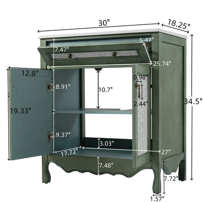 Bathroom Vanity With Rectangle Sink, Tip Out Tray - Antique Blue Green