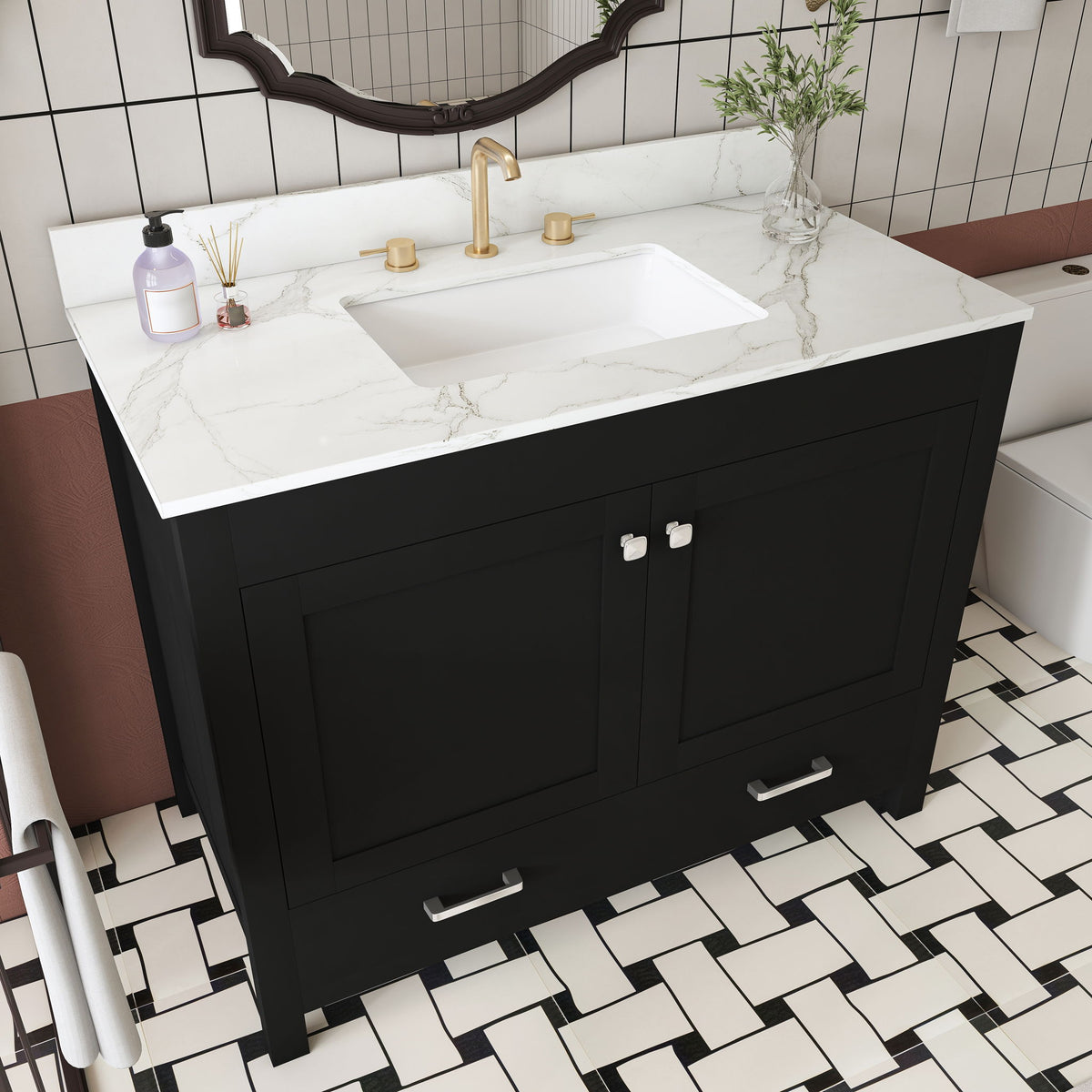 Bathroom Vanity Set, Fluted Cabinet, Soft Close Doors & Drawers, 3 Faucet Holes, Sink Included - Black