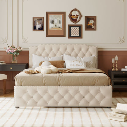 Upholstered Platform Bed With Twin Size Trundle And 2 Sets Of USB Ports On Each Side, Linen Fabric