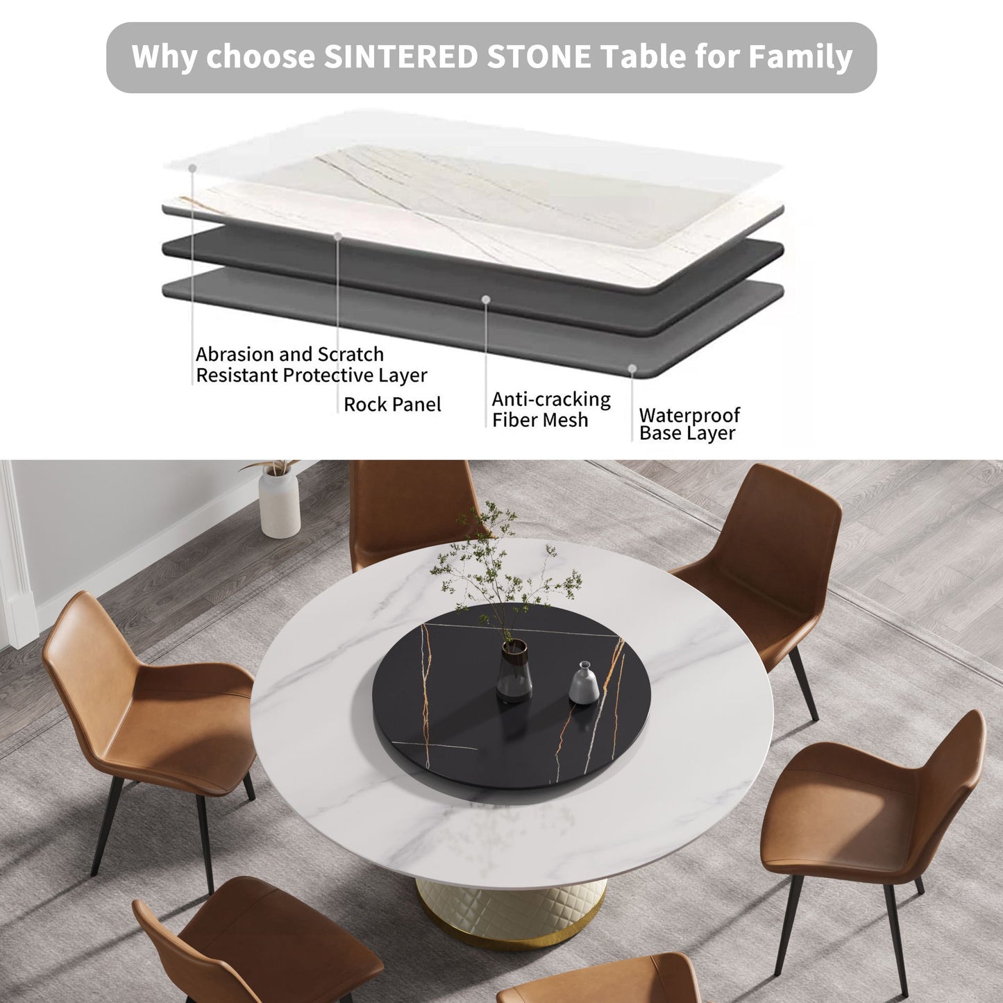 Modern Artificial Stone Round Carbon Steel Base Dining Table, Artificial Stone Turntable