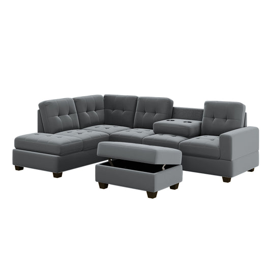 Sectional Sofa With Reversible Chaise Lounge, L-Shaped Couch With Storage Ottoman And Cup Holders