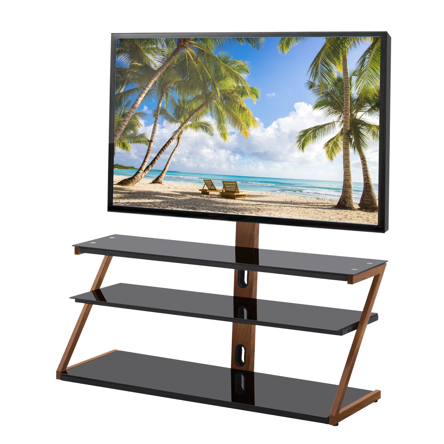 Tempered Glass Height Adjustable Universal Swivel Glass Floor Media Storage Stand With Mount Heat-Transferred Printing Metal Tube, Walnut / Black - Walnut / Black