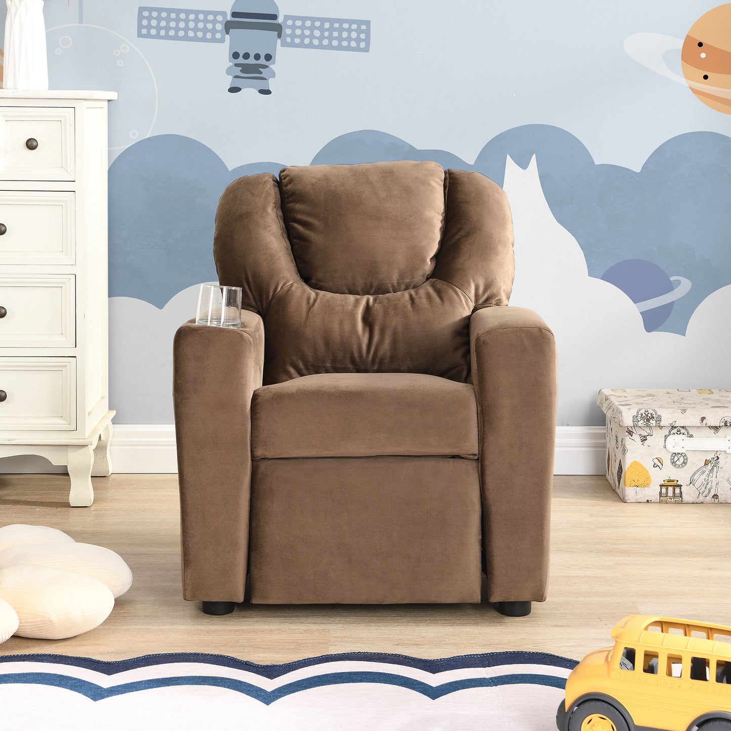 Kids Recliner Chair, Kids Upholstered Couch With One Cup Holder, Toddlers Recliner With Headrest And Footrest - Brown