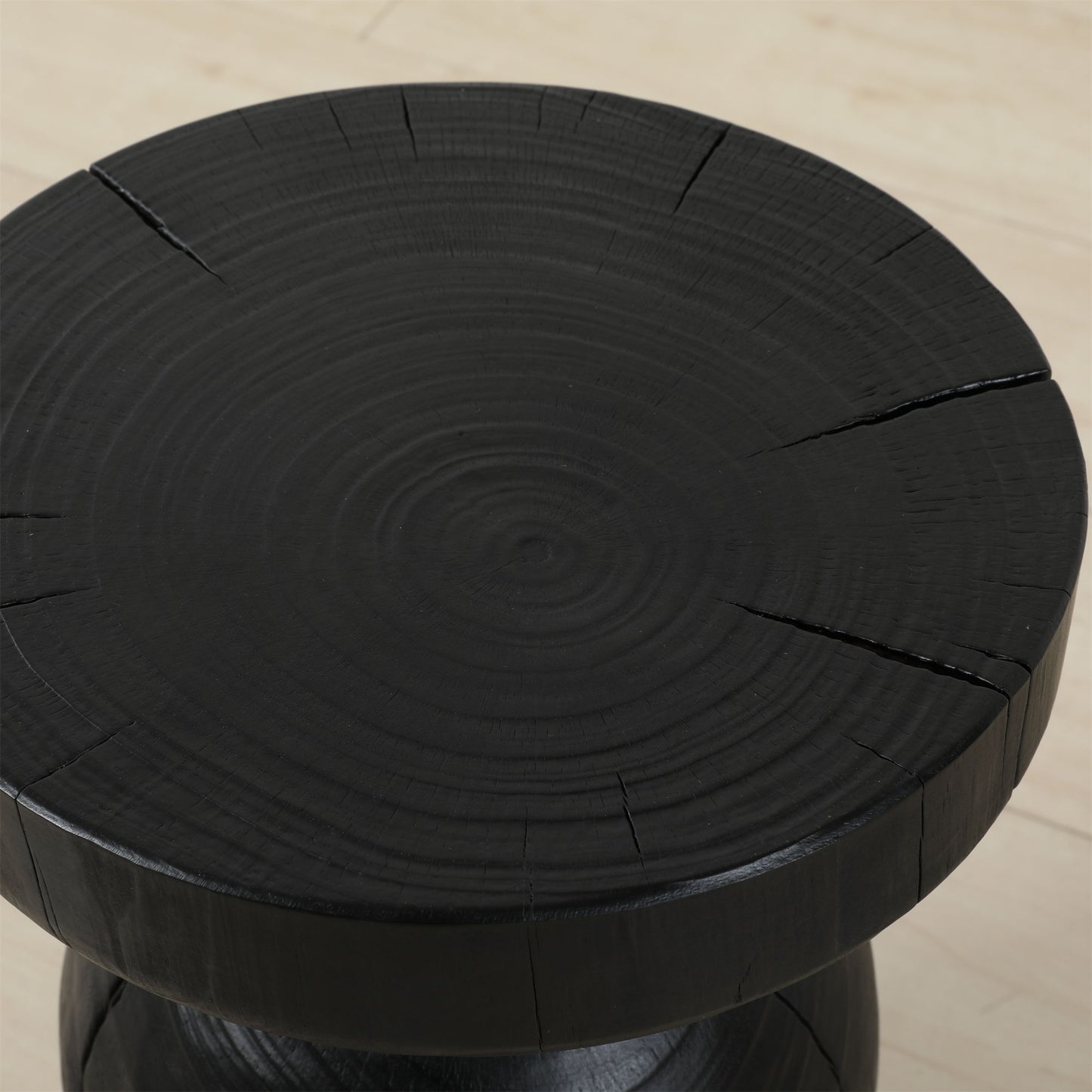 Solid Pine Wood Wide Round Contemporary Wooden Accent Table Burnt Vintage Cracked End Table - Black