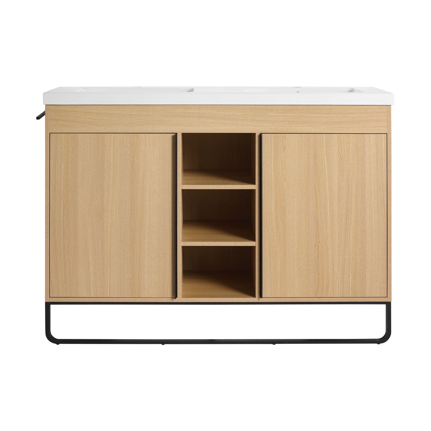 48" Freestanding Bathroom Vanity With Double Sink, 2 Soft Close Doors & 3 Open Shelves - Oak