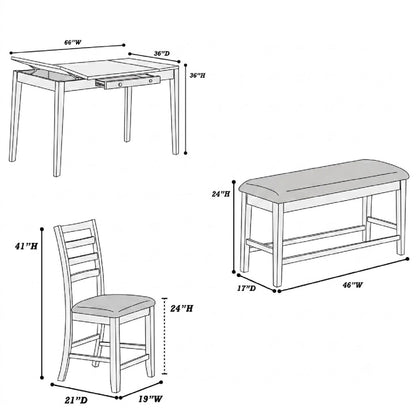6 Piece Counter Height Dining Set Table With Storage Ladder Back Chairs And Bench - Walnut