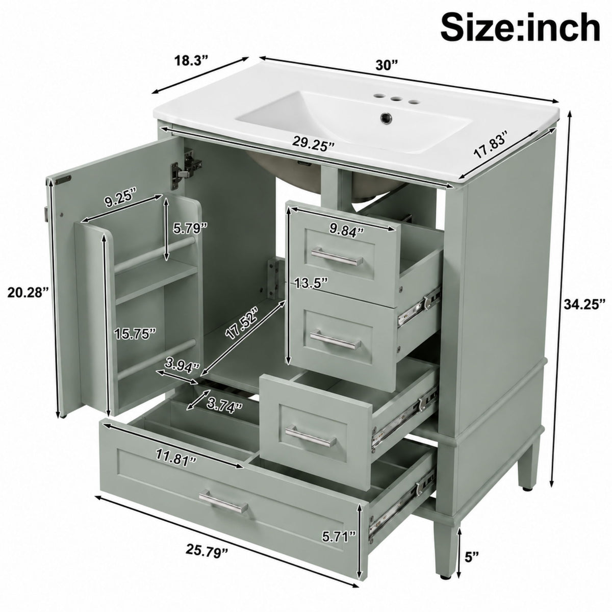 Bathroom Vanity With Sink, Soft Closing Door And Drawers - Light Green