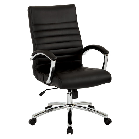 Executive Mid-Back Chair in Black Faux Leather with Padded Arms and Chrome Finish Base