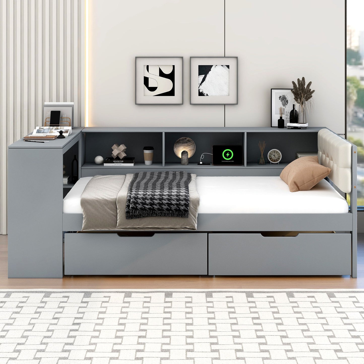Upholstered Headboard Platform Bed With Storage Shelves, Drawers, Charging Station