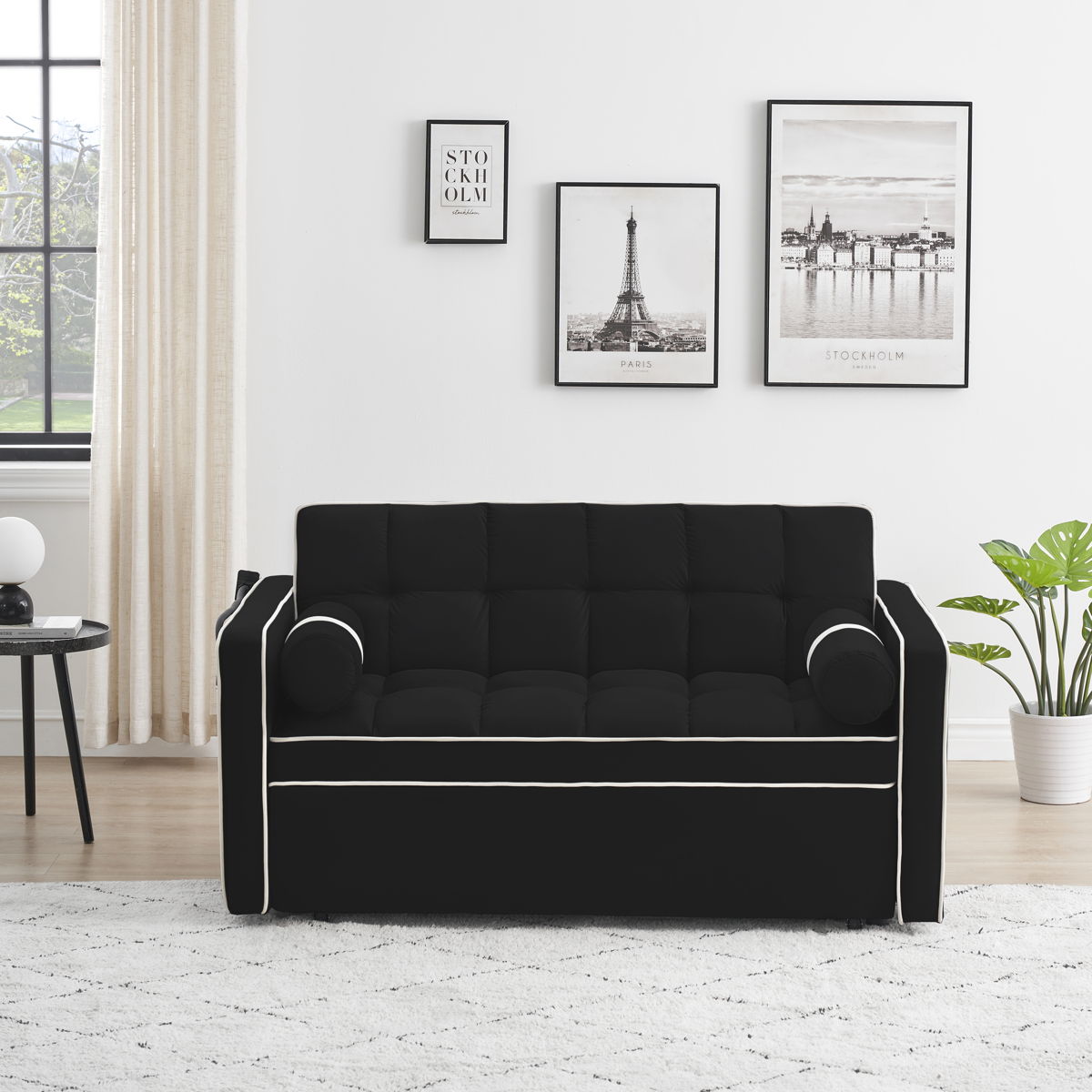 Modern Convertible Sleeper Sofa Couch With Pull Out Bed With Pillows & Side Pockets For Small Space, Living Room