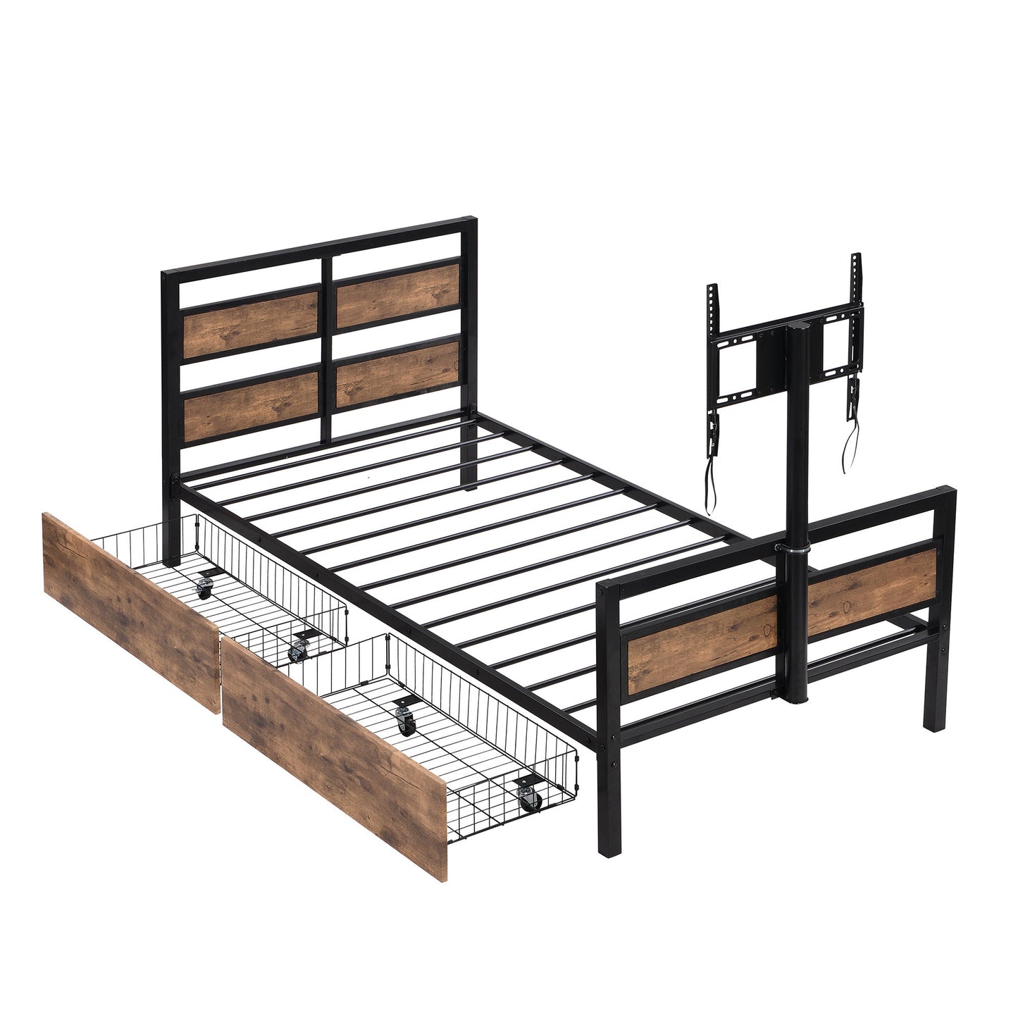 Twin Size Platform Bed With Headboard And Footboard, 2 Storage Drawers And Rotatable TV Stand - Black