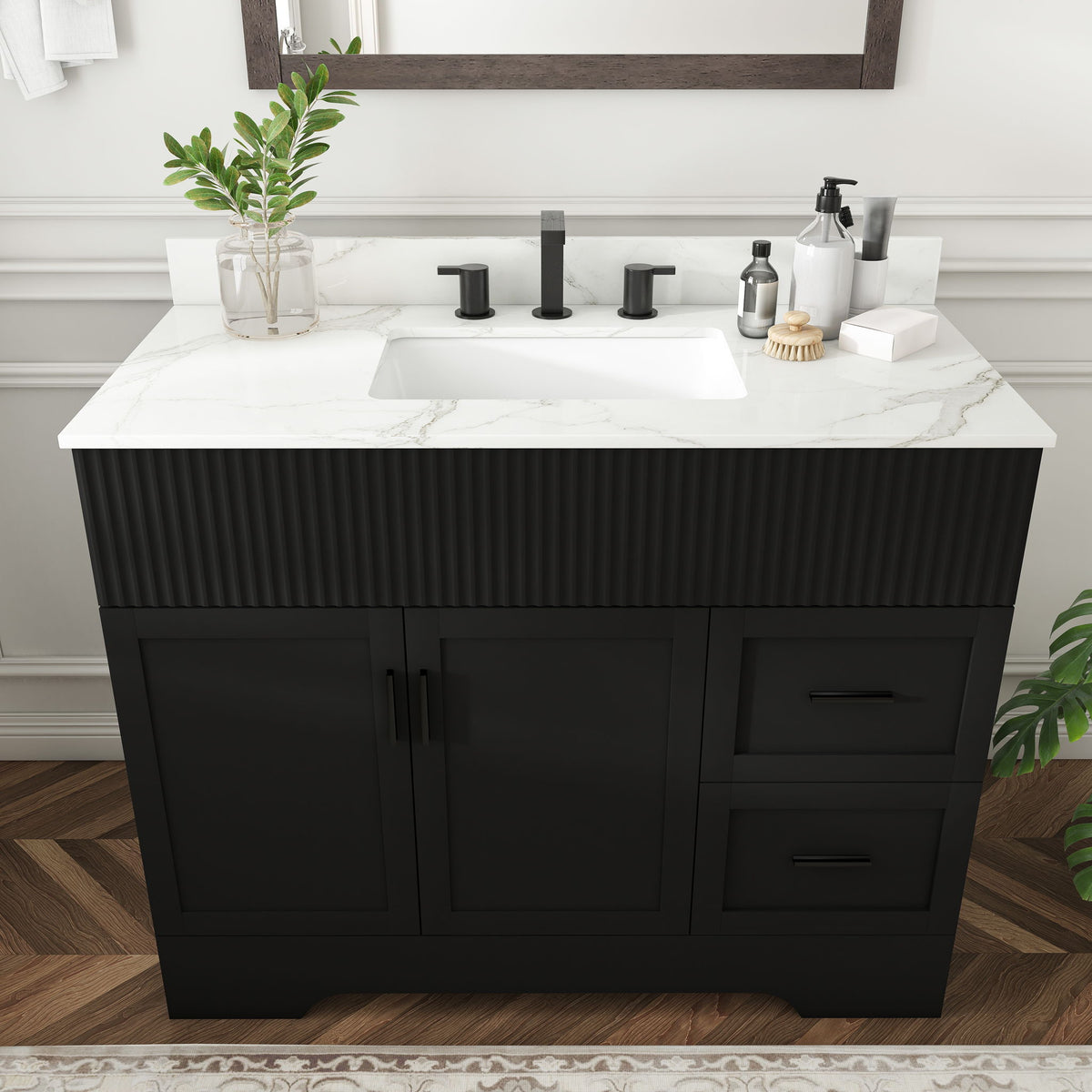 Bathroom Vanity Set, Fluted Cabinet, 3 Faucet Holes, Sink Included - Black