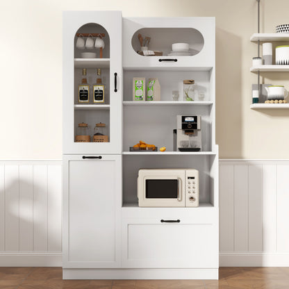 Tall Freestanding Kitchen Pantry Cabinet With Arched Glass Door