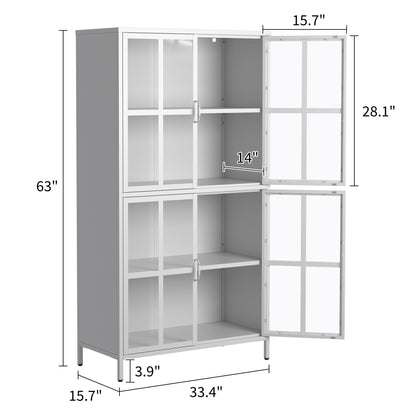 Premium Metal Storage Cabinet With Tempered Glass Doors, Adjustable Shelves, Anti-Tipping Device, Magnetic Silent Closure, And Adjustable Feet For Home And Office Use