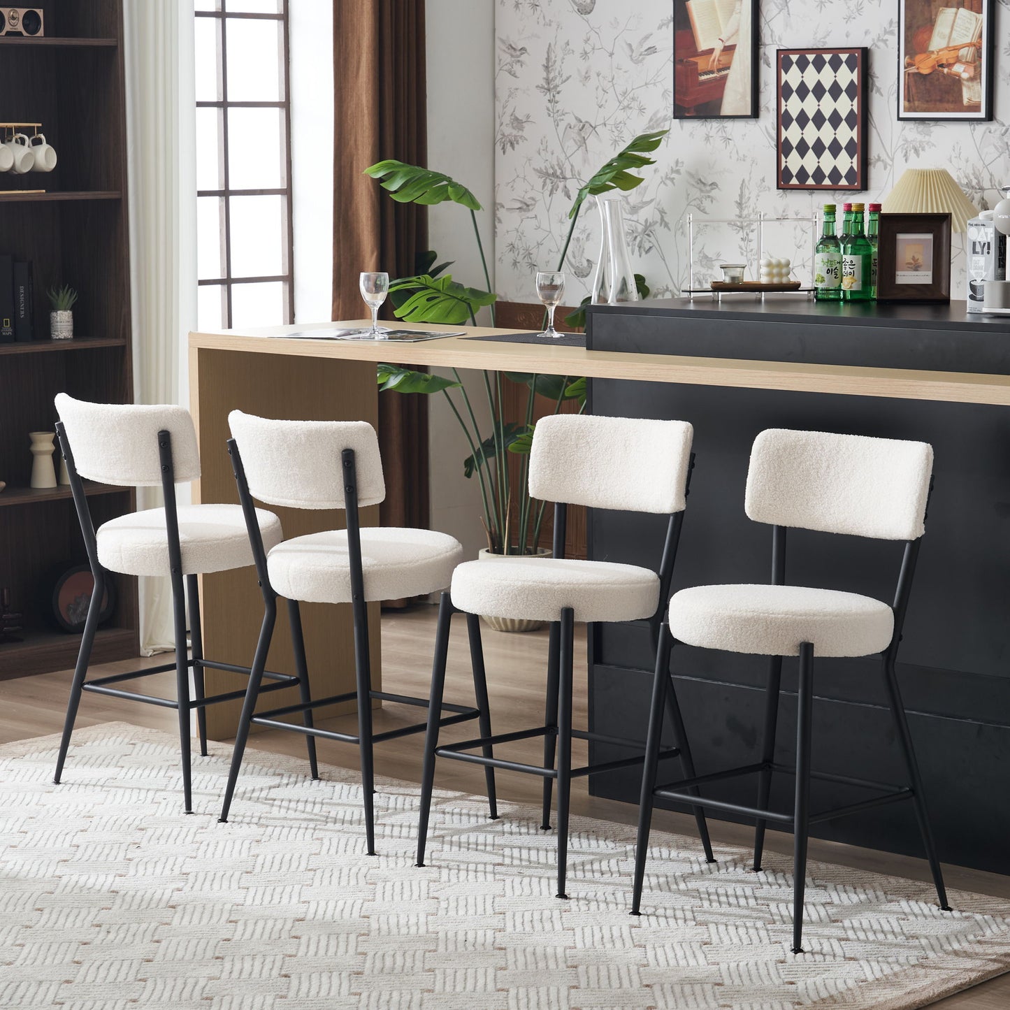 Modern Teddy Fabric Upholstered Bar Stools - Black Legs