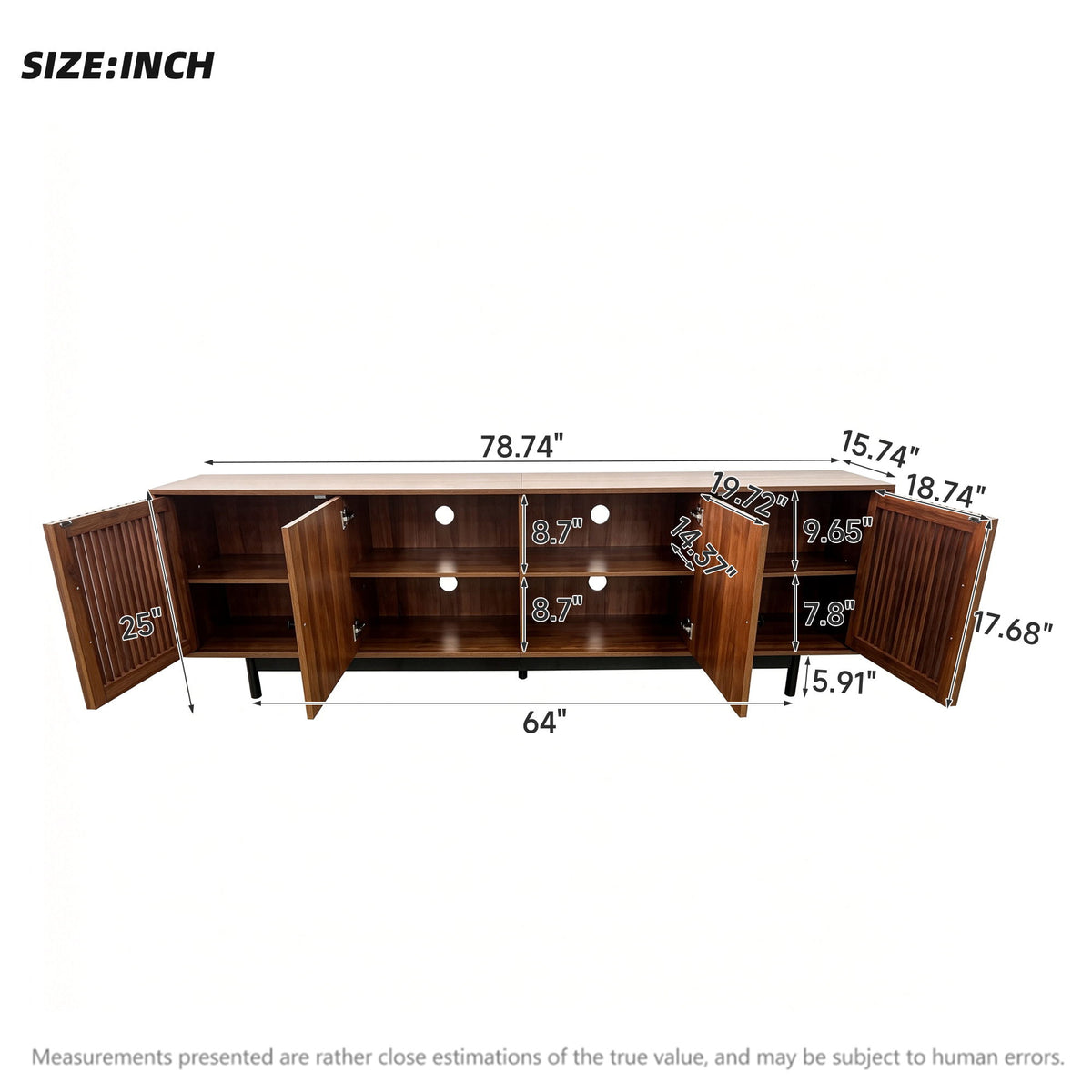 TV Stand, Media Console & Soft Closing Hinges, Adjustable Shelves, Slatted Doors - Walnut