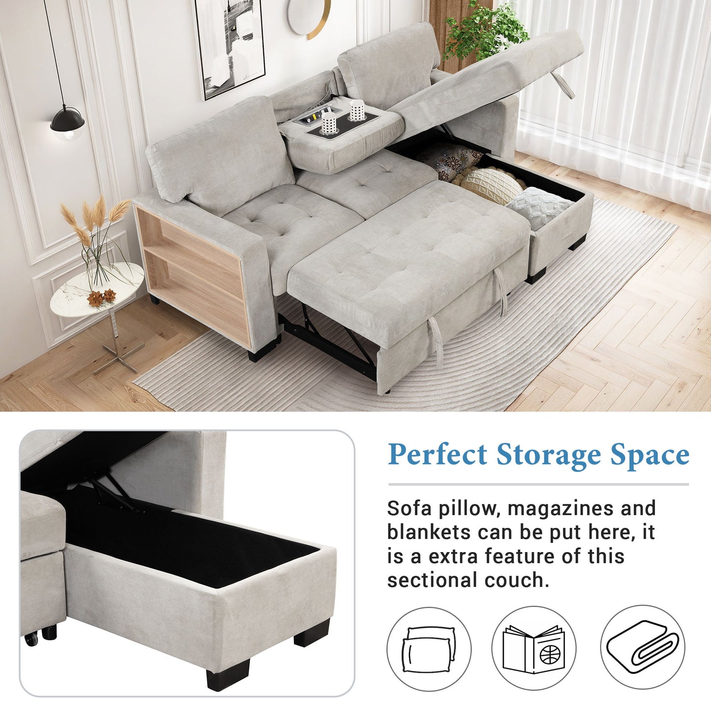 Stylish And Functional Light Chaise Lounge Sectional With Storage Rack Pull-Out Bed Drop Down Table And USB Charger