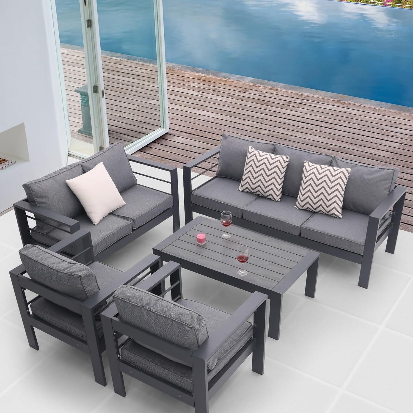 4 Piece Aluminum Outdoor Patio Conversation Set, All Weather Sectional Sofa Outside Furniture With Removable Cushions And Tempered Glass Coffee Table