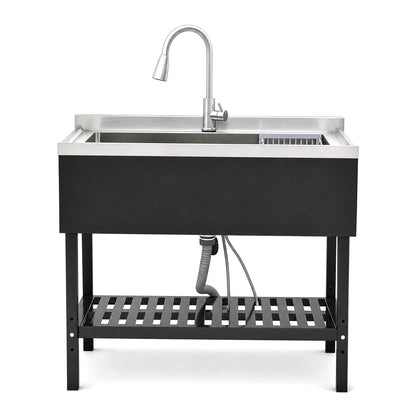 Freestanding Utility Sink With Pull Out Faucet And Large Storage Grille - Black / Silver