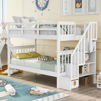 Stairway Bunk Bed With Storage And Guard Rail For Bedroom, Dorm