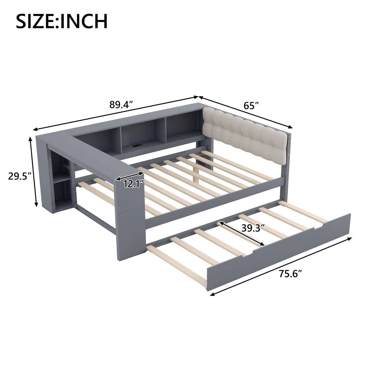 Upholstered Headboard Platform Bed With Storage Shelves, Trundle, Charging Station